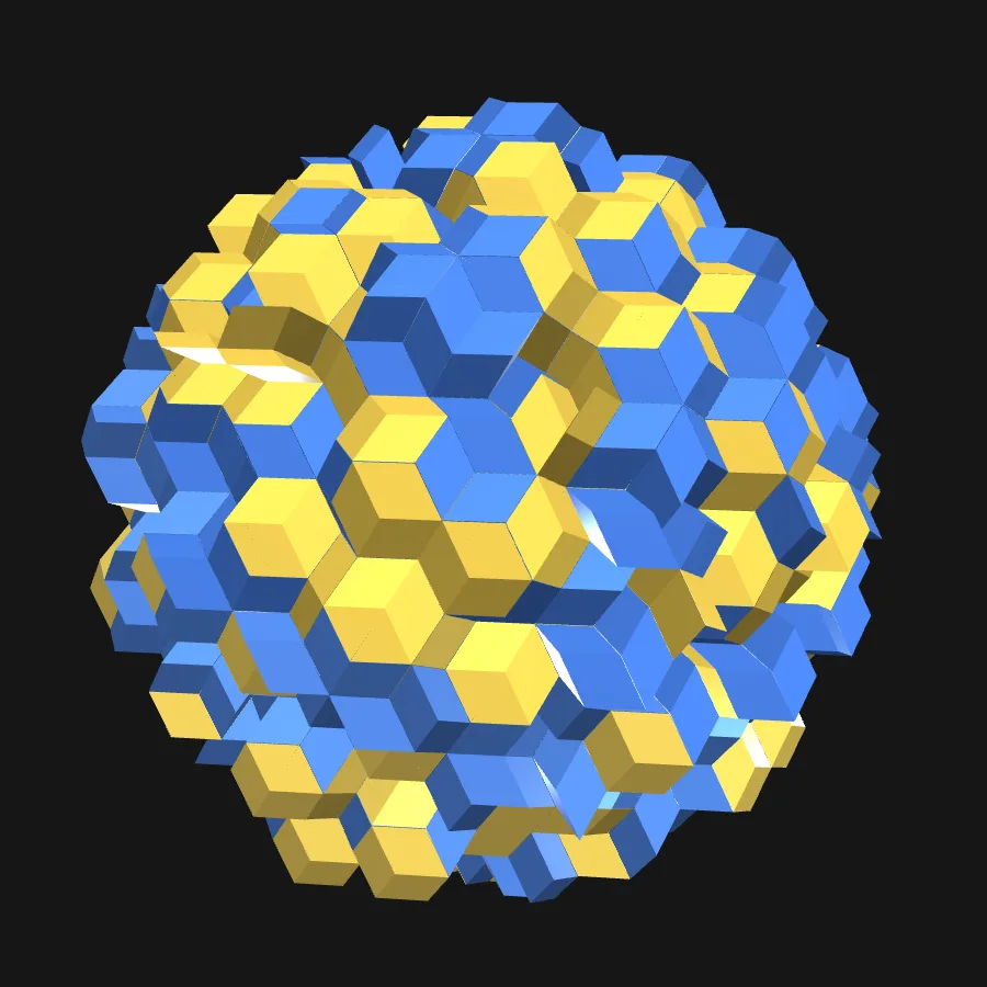 2種類の菱面体ブロックによる三次元準結晶 — QUASICRYSTAL の表示例